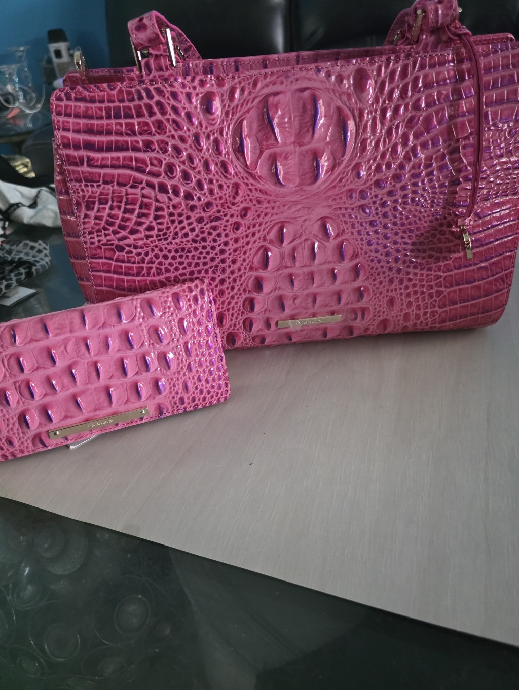 New Brahmi. Pink Croc-Embossed Tote With Matching Wallet